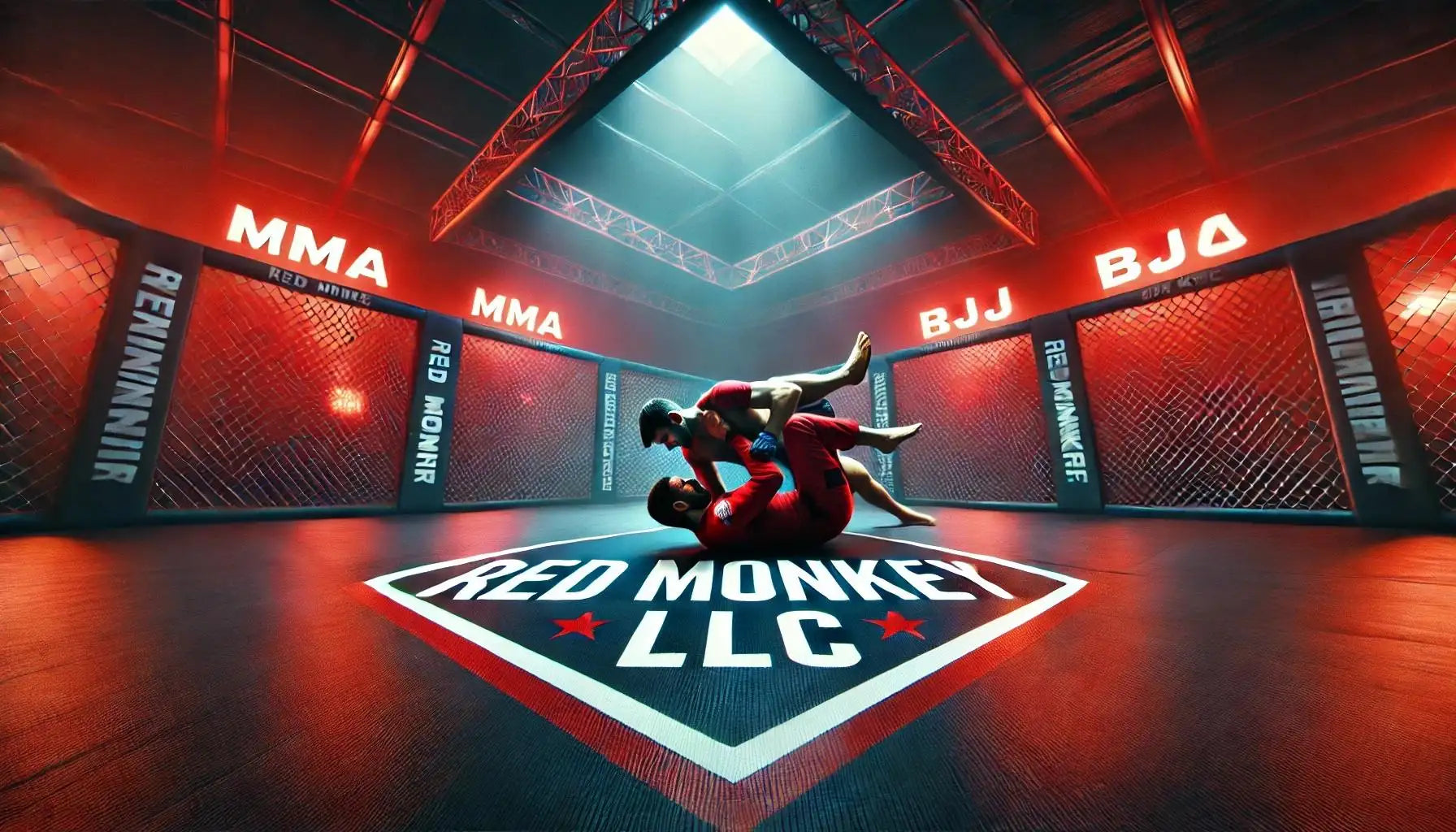 Red monkey llc branded mma cage with red and black mesh walls, illuminated signage for ’mma,’ ’bjj,’ and ’red monkey’ above the ring.